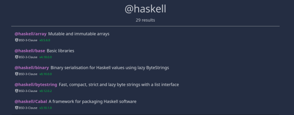 The @haskell namespace on flora.pm with 29 packages