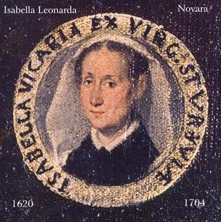 A painted miniature portrait of Isabella Leonarda. She is circled by a seal with her name. She looks at the viewer, a calm expression on her face. She wears a simple white veil over her hair and a black gown. 
