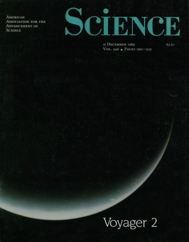 A cover of Sceince Magazine, dated 15 December 1989, featuring a photography of Neptune and Triton crescents. Six days after Voyager's historic encounter, Triton's orbit brought it around once again in line with Neptune. The crescent image of Triton is seen here just as it began to pass in front of the crescent of Neptune. Because scattering by high-altitude aerosols is enhanced at large phase angles, the characteristic blue color of Neptune's atmosphere is suppressed. This picture was taken by Voyager 2 on 31 August 1989. Photo courtesy of Brad Smith, University of Arizona.