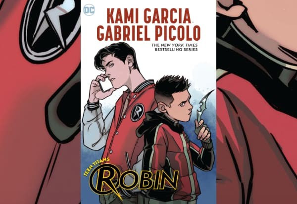 Cover art showing Dick and Damian back to back in similar red jackets