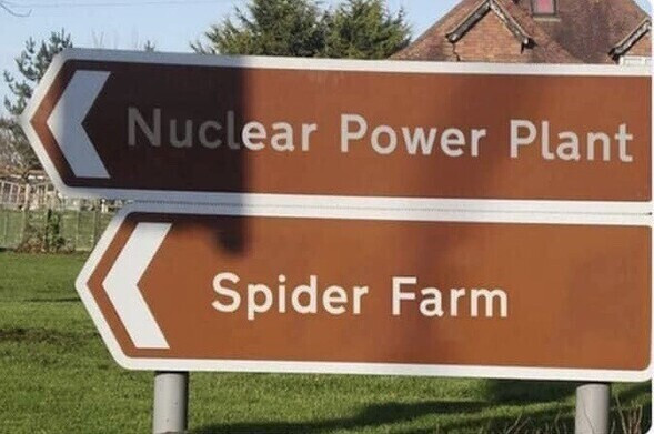 Two road signs pointing in the same direction. One is labeled “Nuclear Power Plant” and the other “Spider Farm”