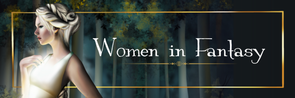 Promotional image for the Bookfunnel promo Strong Women in Fantasy and Science Fiction.

The image shows a frail women wearing just a slim white shirt that glows white. She is wearing her white blonde hair in an elaborate braid. One hand touches her chest, the other arm stretches back and out of the picture. 

The background shows a stylized forest at night.

The text "Women in Fantasy "appears in a box with a golden frame and a nice underlining pattern.