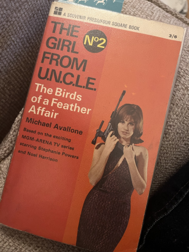 Front cover of The Birds of a Feather Affair featuring Stephanie Powers from The Girl From Uncle TV series wearing a black dress and holding a gun.