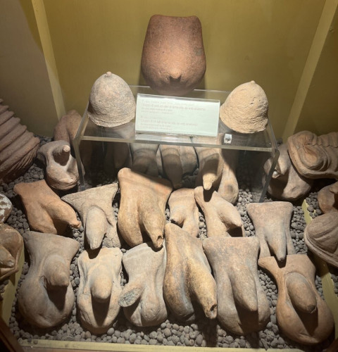 Display of terracotta phallic votive offerings all in a pile. They are scattered in an unordered way on a bed of pebbles.