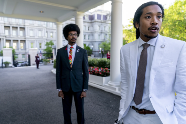Tennessee Reps. Justin Pearson, D-Memphis, left, and Justin Jones, D-Nashville, speak to reporters outside the West Wing after meeting with President Joe Biden and Vice President Kamala Harris in the Oval Office of the White House in Washington, April 24,2023.