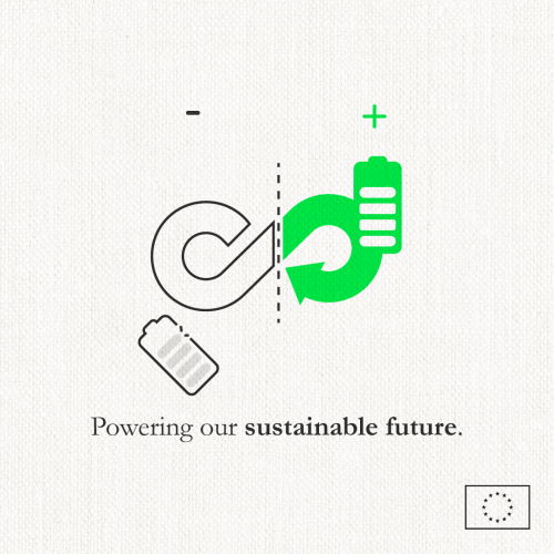 A white background with the text ‘Powering our sustainable future’. An infinity symbol is split down the middle – the right side is green with a fully charged green battery attached to it. The left side is colourless, with a grey battery detached from the infinity symbol. 