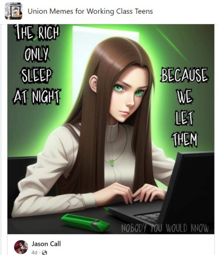 Image of a girl at a computer, with the caption: The only sleep at night because we let them.