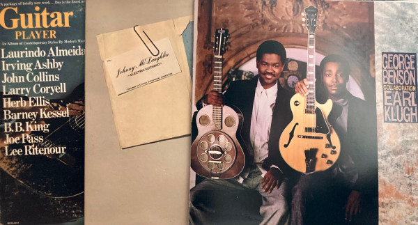 Three album covers - A compilation album called Guitar Player; John McLaughlin - Electric Guitarist; George Benson and Earl Klugh - Collaboration 