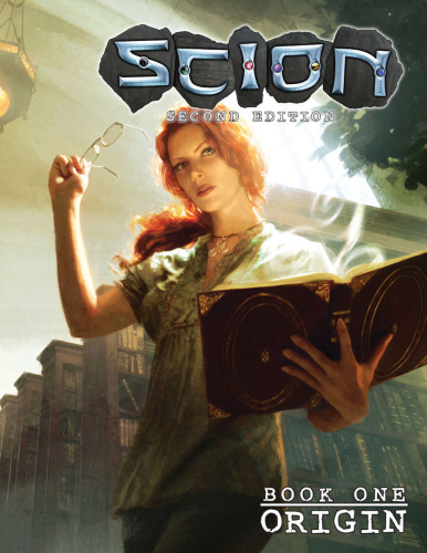 The cover page of "Scion Book One: Origin", showing a red-haired woman in front of bookshelves. She holds a pair of glasses in her right hand, and a book with a red cover in her left. Swirls of smoke rise up from the book.