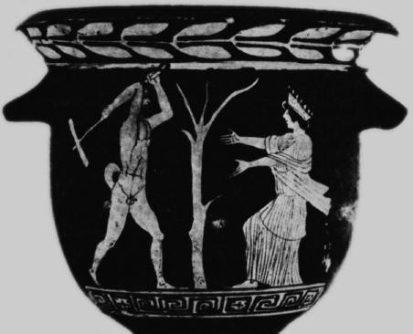 Black-and-white photograph of a red-figure vase painting possibly depicting Erysichthon cutting down Demeter's tree but he seems to have a satyr's tail. A crowned woman, possibly Demeter, seems to attempt to save the tree.