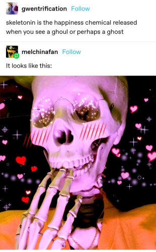 "Skeletonin is the happiness chemical released when you see a ghoul or perhaps a ghost"
"It looks like this"
Picture of a pink skeleton with glitter eyes, whose bony hand is placed up to its mouth, in front of a background of different colored stylized hearts