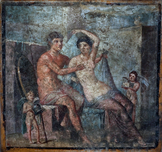 Fresco of Ares and his lover Aphrodite. Both are seated. He is touching her breast and undressing her while two winged Amores [Erotes] take away his arms and armour.
