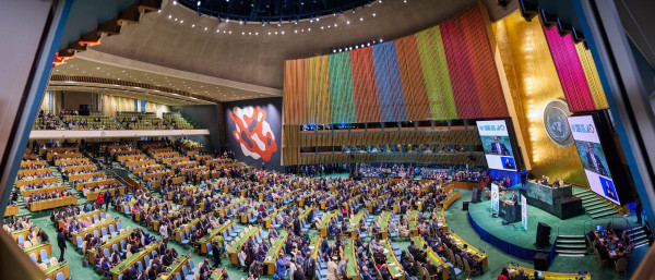 Photo of the general view of the United Nations General Assembly. Representatives from all around the world sit behind tables facing a raised speaker's rostrum and podium.  
