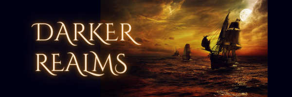 Darker Realms. Sailing ships rocking in rough, dark seas, backlit by an ominous, stormy red sky and full moon.