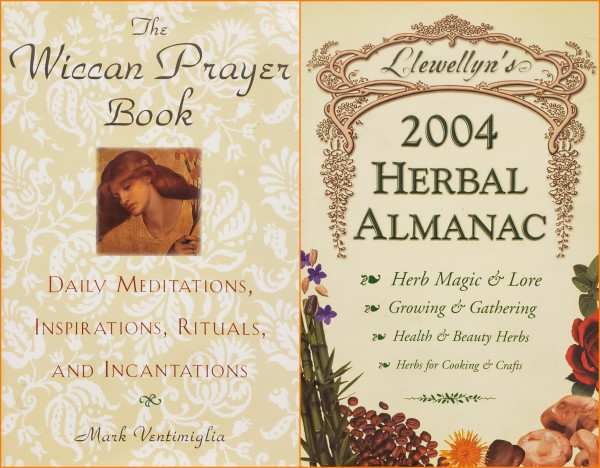 The Wiccan Prayer Book.
DAILY MEDITATIONS, INSPIRATIONS, RITUALS, AND INCANTATIONS.
Mark Ventimiglia.

And...

Llewellyn's 2004 HERBAL ALMANAC.
Herb Magic & Lore, Growing & Gathering, Health & Beauty Herbs, Herbs for Cooking & Crafts.