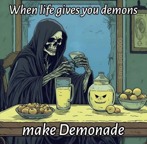 Text: When life gives you demons
Make Demonade

Picture of a skeletal figure sitting at a table with a pitcher of Demonade drinking a glass of it