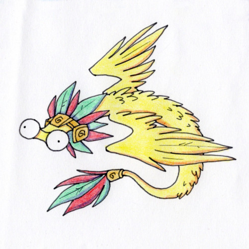 Cartoon drawing of a yellow bug-eyed creature with the body of a feathered snake. He's wearing golden adornments on head and tail and both are crested with red and green feathers.