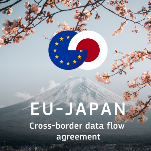 A photo of Mount Fuji with superimposed a circled-version of the EU and Japan flags and the text: "EU-Japan Cross-border data agreement."