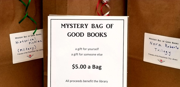 Sign reading: Mystery Bag of Good Books. A gift for yourself. A gift for someone else. $5.00 a bag

All proceeds benefit the library. 

Behind the sign are a couple of bags with a description stickered to each. One reads "historical miltary fiction." The other reads "Nora Roberts trilogy."

Other tagged bags read:

Biography/Memoir
Southern Fiction
Sci Fi Fantasy
Best sellers from top authors 
Adventure/Thriller
