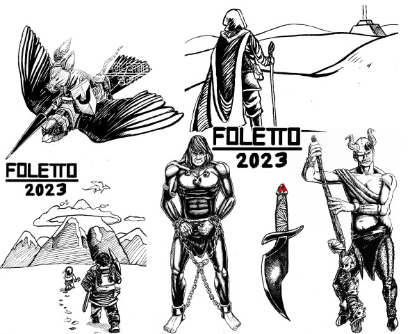 a collage with different ink drawings: a mouse knight riding a saddled swallow, a traveler in the desert, mining dwarves walking towards a snowy mountain, a drawing of Conan the Barbarian chained, a ruby-hilted dagger and a demon