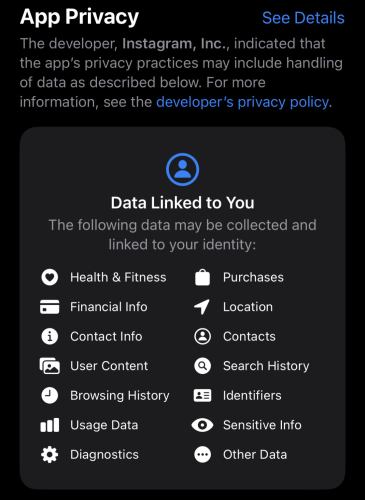 App privacy screen for the Threads app from the iOS App Store showing it captures a lot of your data.