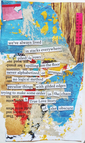 Collage cut out poem:

We've always lived in stocks everywhere
Piled in rows
Spilling on the floor
Never alphabetized or arranged
No logical method
Peculiar things with gilded edges
Trying to make some order in the chaos
A true love story of the obscure