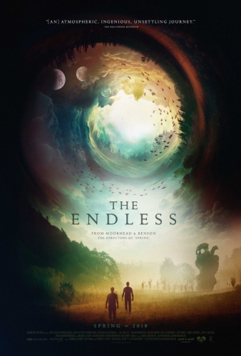 Poster art for The Endless.

Some silhouettes of people are standing in some sort of open field with a treeline on the left.

The sky seems to be coiling up into some sort of wormhole effect. There are multiple planets, a coiled upsidedown treeline, and multiple coiling flocks of birds, all spiraling upward.