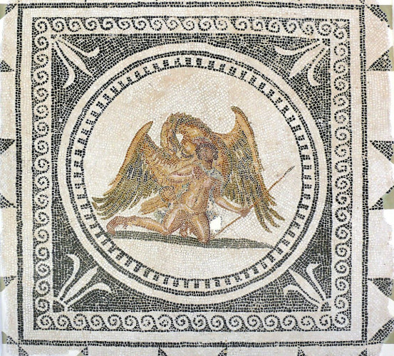Square mosaic wth a circular scene in the centre: Zeus in eagle shape stands behind Ganymedes who is kneeling on the floor holding a spear.