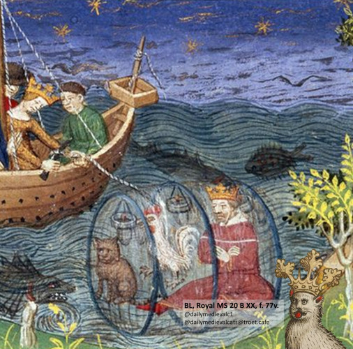 Picture from a medieval manuscript: A cat, a cock and Alexander the Great in a submarine