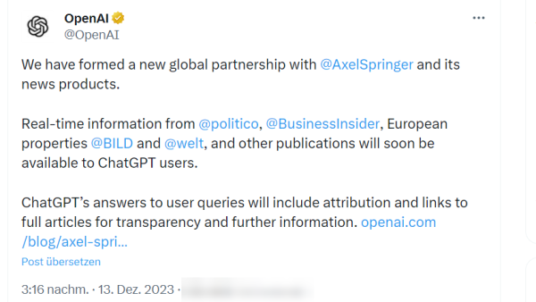 screenshot of an OpenAI tweet announcing a collaboration with German publisher Axel Springer (Germany's Fox News).