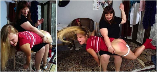 Two images, both of an older woman spanking a younger adult woman. As the spanking progresses, the spanked begins to thrash around and her hair whips through the air. 