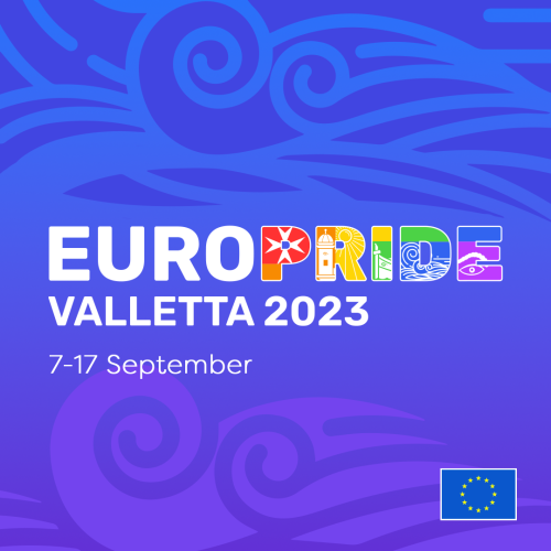 Indigo background featuring stylized waves with overlaid text: EuroPride Valletta 2023, 7-17 September. 
