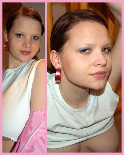 Collage von 2 Bildern links mit sauberen Gesicht und rechts mit Spermaverschmiertem Gesicht.