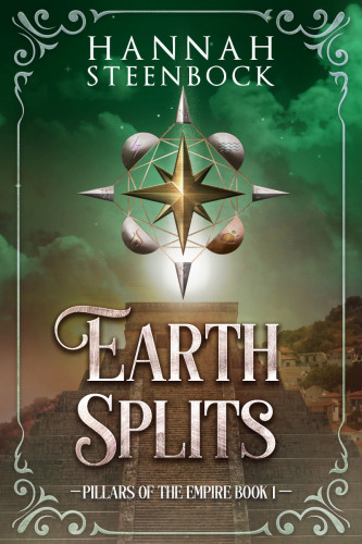 Cover of “Earth Splits”, Pillars of the Empire Book 1 by Hannah Steenbock

On the green-brown cover, a pyramid hides behind the letters of the title. Above it hovers, a compass rose with a golden center star. Between the points, half-circles sit, sporting images representing the four elements. Earth’s bubble is golden. In the background, houses of a town sit on a sloping hill. An ornamental border adorns the cover.