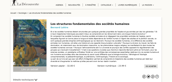 Dernier ouvrage de Bernard Lahire, Les structures fondamentales des sociétés humaines, aux éditions La Découverte.