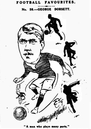 Cartoon of a footballer. Caption: FOOTBALL FAVOURITES. No. 26 - George Dorsett. "A man who plays many parts."