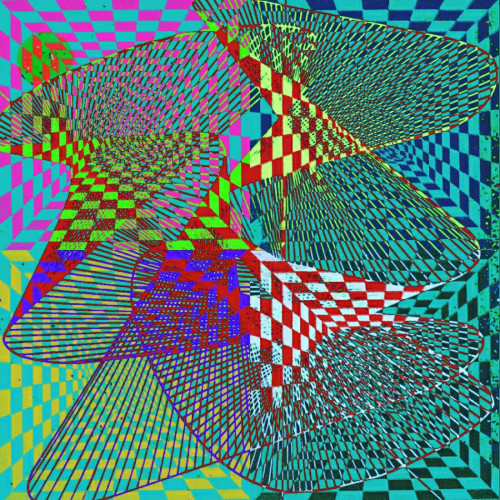 A two-dimensional representation of 2 three-dimensional patterns, digitally manipulated into a pseudo-cyber-psychedelic visual mess.

A square checkerboard-patterned "well" is arranged in a pattern of 4 squares, each in a different pair of contrasting colors. Overlayed on this design is a swirl of curves conjoined by straight lines, also displayed in contrasting colors and, furthermore, contrasting with the underlying angular checkerboard patterns.