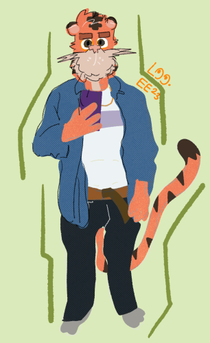 A doodle of an anthropomorphic tiger taking a selfie. They wear jeans, blue shirt and white tee.