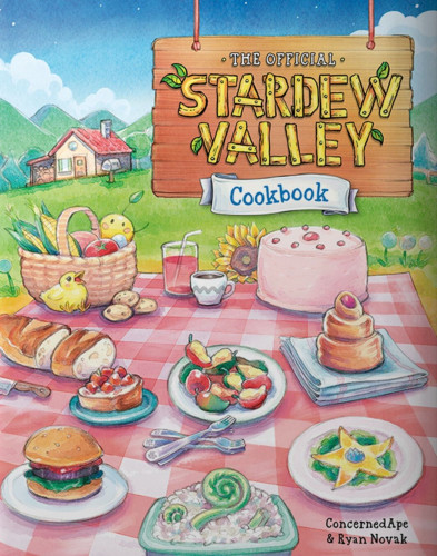 The book cover of The Official Stardew Valley Cookbook. An illustration of a field, with a house in the background, and a checkered picnic blanked filled with delicious food. Burgers, salads, cakes, rice dishes, breads and drinks.