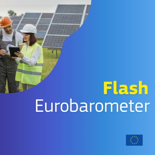 Blue background including a 'bubble' with a photo of two people looking at a tablet with solar panels behind, and the text "Flash Eurobarometer"
