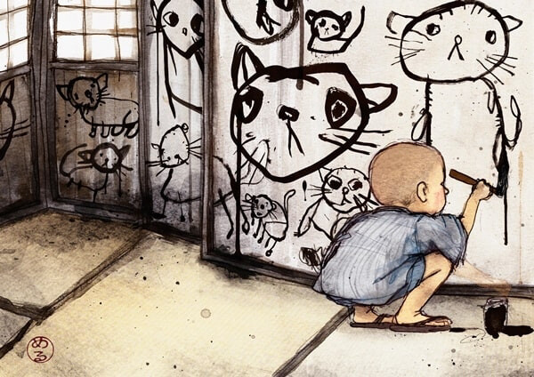 A young boy squats down before screens that are covered in paintings of cats. He continues to paint another one.