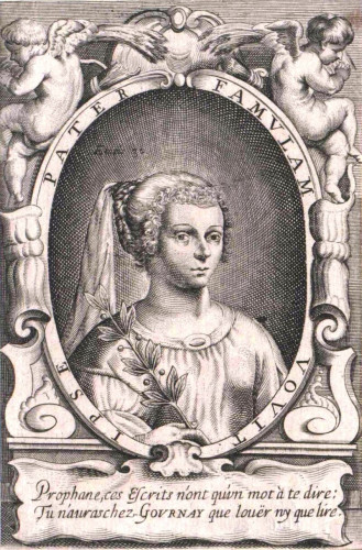 An engraving of Marie de Gournay. She sits and stares out at the viewer, her hair pulled up and back. She wears a loose gown. 