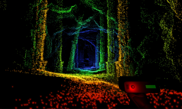 A screenshot from Scanner Sombre. You're in a cave and everything is too pitch-black to see, but you have a LIDAR scanner gun that lets you scan the terrain, creating a 3D map of dots that you can navigate.