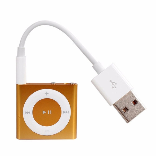An orange 4th generation iPod Shuffle with a cable terminating in a male USB-A connector plugged into its 3.5mm Jack port
