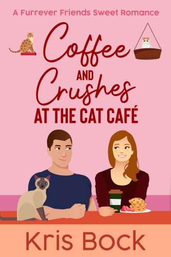 A book cover with a flirty couple in a cat café. A Siamese cat is on the table in front of them.
