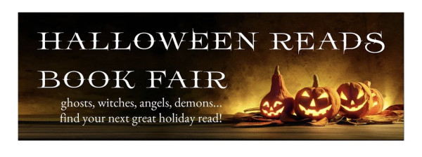 Halloween Reads Book Fair. Carved Jack o lanterns glowing. 
