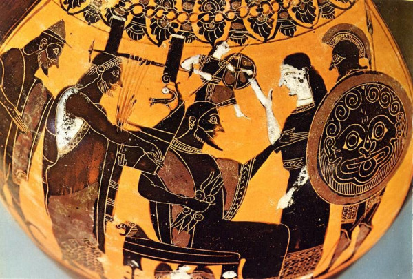 Black-figure vase painting of the birth of Athena. Zeus sits on his throne holding his thunderbolt, as Athena springs from his head in full armour. Hephaistos, who is usually present with the axe he used to split his father's skull, is absent, but Hermes and Apollon look on at left, Apollon playing his iconic lyre. At right, Ares and a goddess, possibly Aphrodite, observe the miraculous birth.