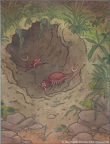 Illustration by Matthew Meyer depicting two large red bugs crawling out of a hole.