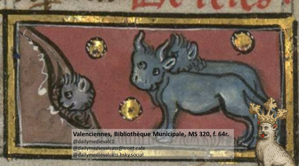 Picture from a medieval manuscript: Two oxen stand in front of a cave, in the entrance of which you can see the head of a gray cat.