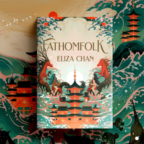 Striking book cover of Fathomfolk by Eliza Chan.  The front cover is shown against a picture in the same Chinese (I assume) style. The colours are green for angry see, browns and dark grey for buildings.

The front cover shows a seahorse like creature and a mermaid on either side of a pagoda of several stories rising from the waves. The mermaids play musical instruments. Behind the pagoda is a stylish white sun, moon - it's not clear - bisected by a golden spire.

The art behind this shows more stormy waves and buildings against a sjy with a smaller red sun. it is all very evokative.